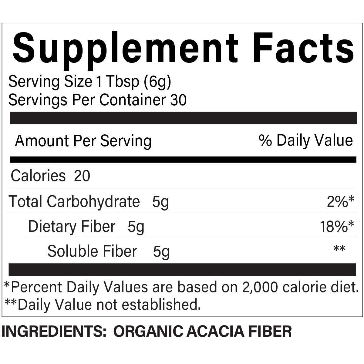Supplement facts label for a product with organic acacia fiber